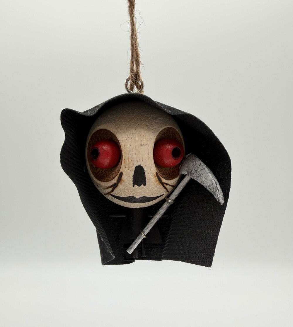 Pier 1 Imports Crazy Head Wooden Ornament 3.5” Grim Reaper Halloween Decor